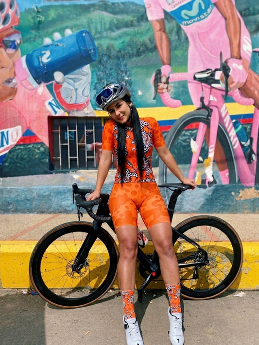 ROCKBROS Women's Orange Leopard Print Lily Floral Short Sleeve Cycling Set