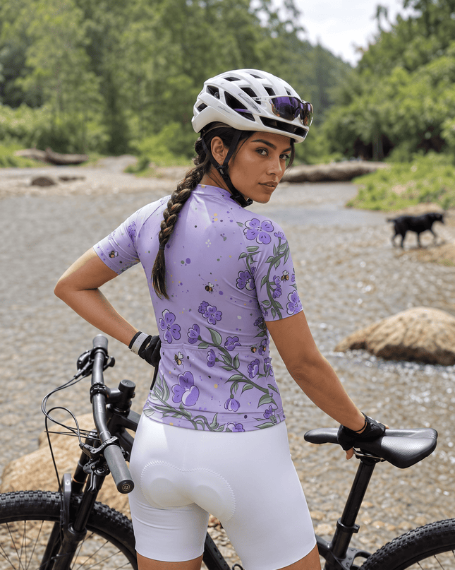 ROCKBROS Women's Purple Floral Bee Print Short Sleeve Cycling Jersey