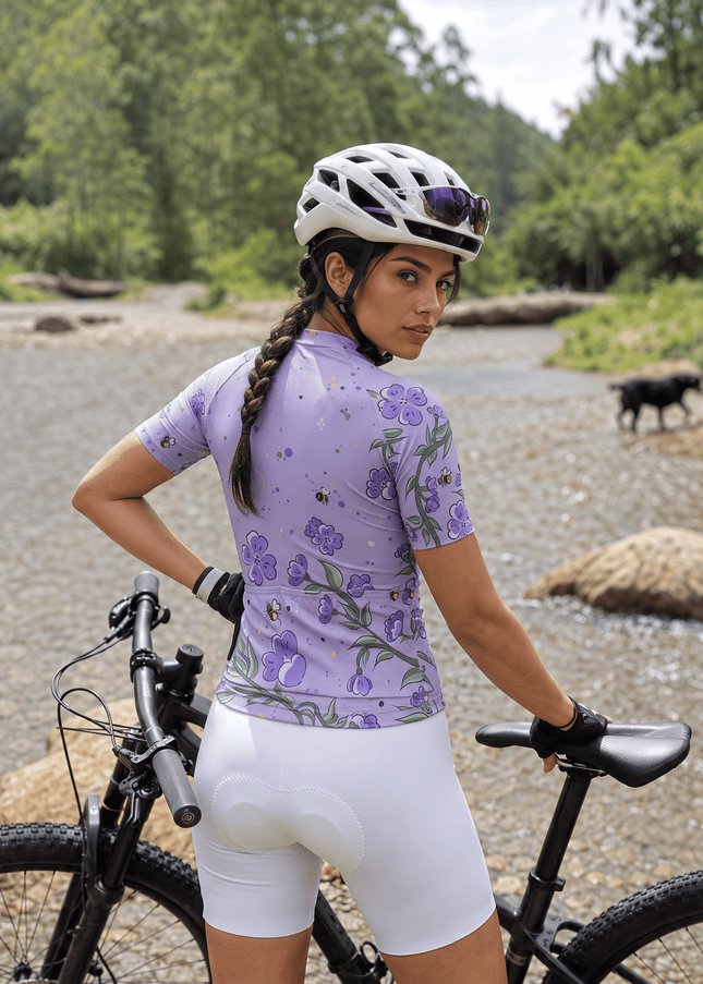 ROCKBROS Women's Purple Floral Bee Print Short Sleeve Cycling Jersey