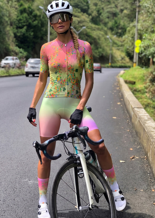 ROCKBROS Women's Gradient Wildflower Print Short Sleeve Cycling Set