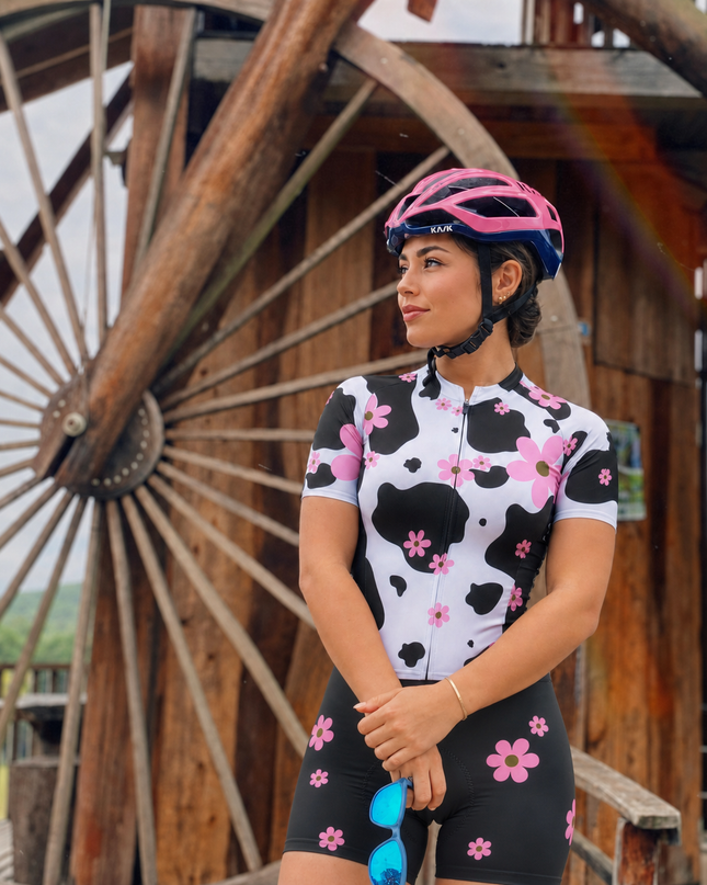 ROCKBROS Women's Retro Cow-Print Floral Pro Aero Cycling Jersey