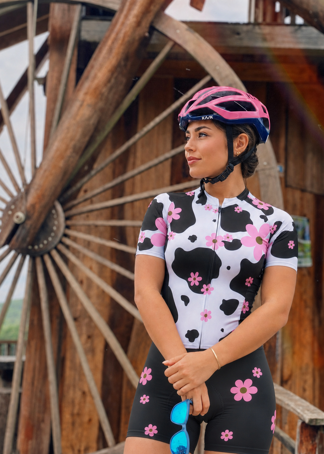ROCKBROS Women's Retro Cow-Print Floral Pro Aero Cycling Jersey