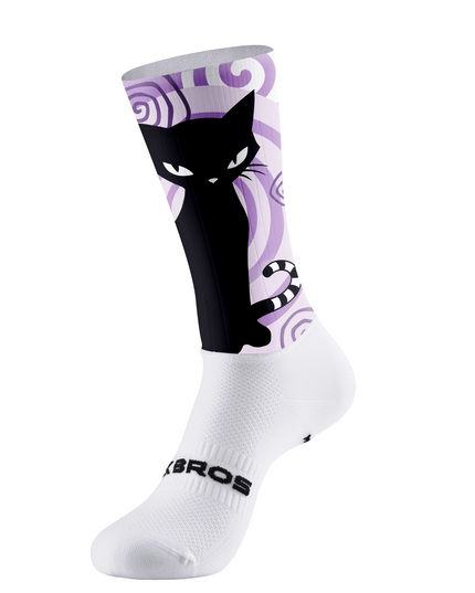 ROCKBROS Pastel Purple Spiral Black Cat Silhouette Mid-Calf Cycling Socks