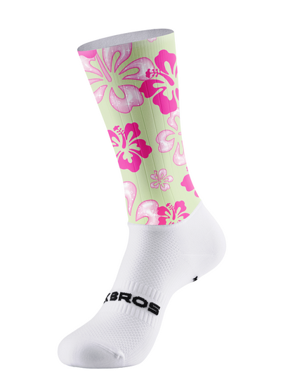 ROCKBROS Mint Green Sparkly Pink Hibiscus Full Print Mid-Calf Cycling Socks