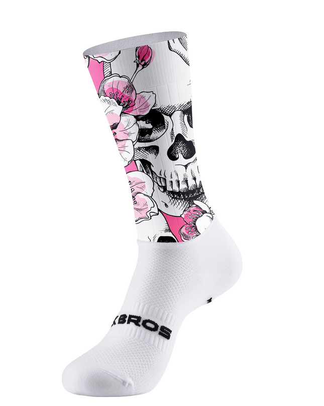 ROCKBROS White Base Pink Cherry Blossom Skull Tattoo Mid-Calf Cycling Socks