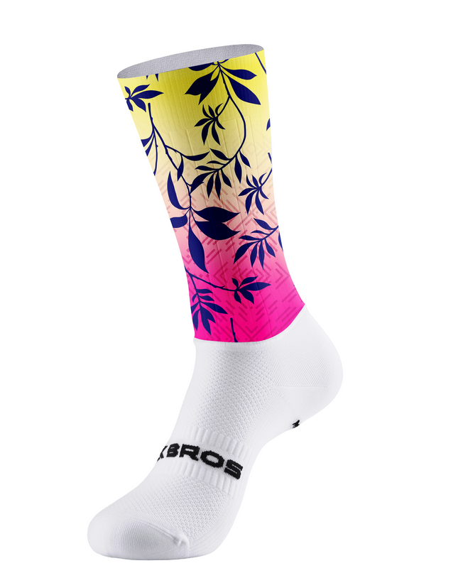 ROCKBROS Yellow Pink Gradient Dark Blue Leaf Vine Mid-Calf Cycling Socks