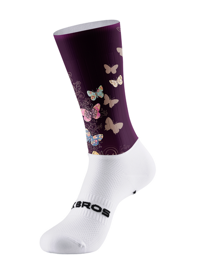 ROCKBROS Dark Plum Vintage Floral Patch Butterfly Mid-Calf Cycling Socks