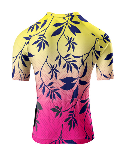 ROCKBROS Women's Yellow Pink Ombre Navy Leaf Vine Short Sleeve Cycling Jersey