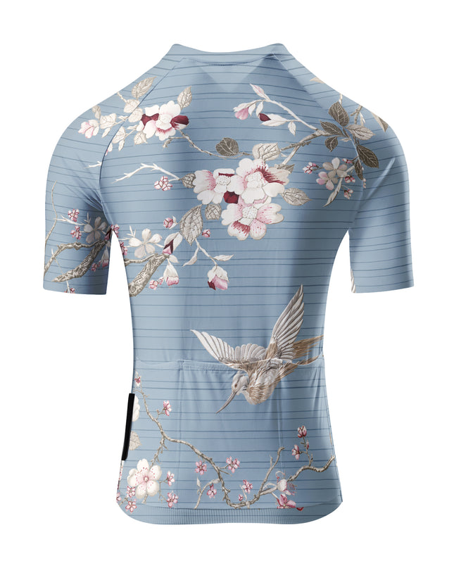 ROCKBROS Women's Blue Striped Bird & Blossom Floral Short Sleeve Cycling Jersey
