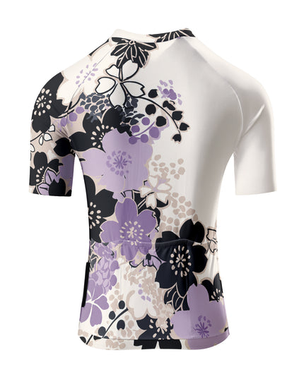 ROCKBROS Women's Off White Black Purple Cherry Blossom Asymmetric Short Sleeve Cycling Jersey