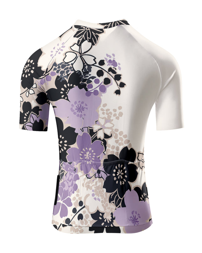 ROCKBROS Women's Off White Black Purple Cherry Blossom Asymmetric Short Sleeve Cycling Jersey