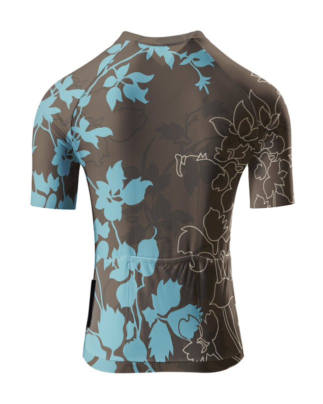 ROCKBROS Women's Coffee Brown Contrast Cyan Vine Leaf Asymmetric Short Sleeve Cycling Jersey