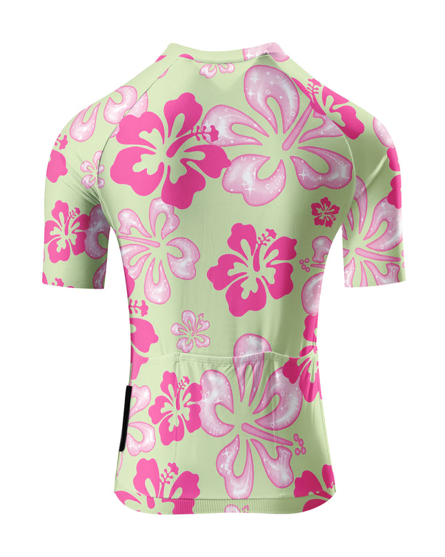 ROCKBROS Women's Light Green Pink Hibiscus Full Print Short Sleeve Cycling Jersey
