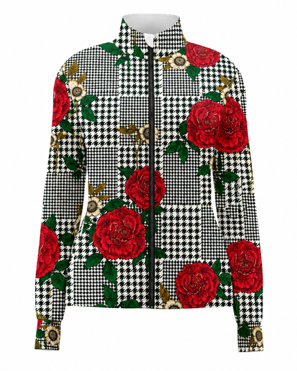 Crimson Houndstooth Rose Windproof Jacket