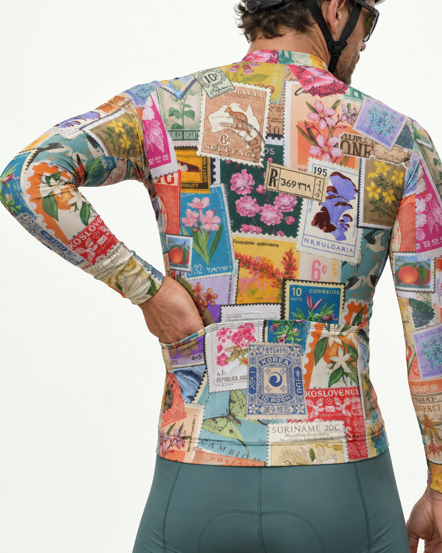 ROCKBROS Vintage Postage Stamp Collage Long Sleeve Cycling Jersey