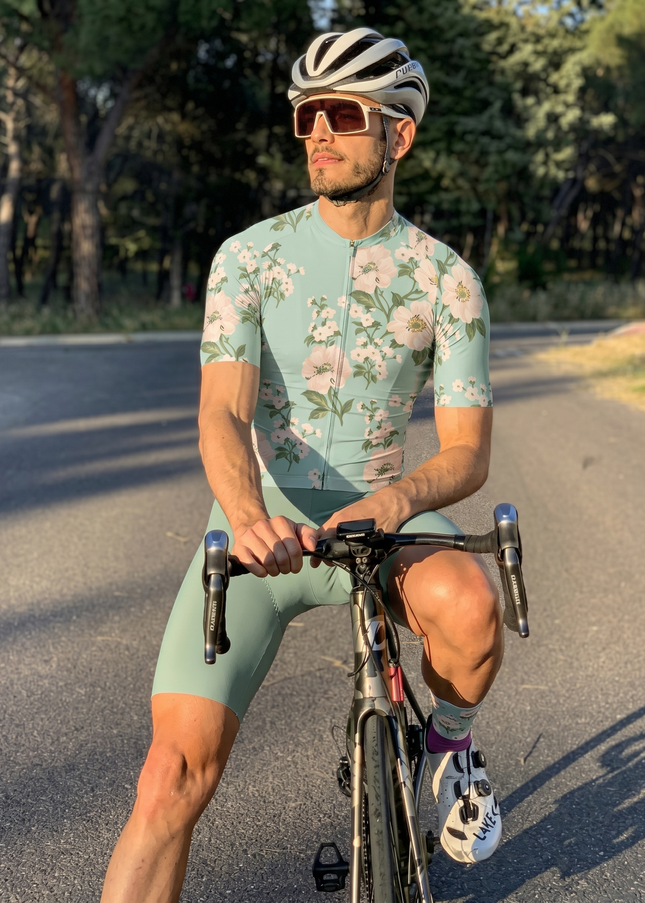 ROCKBROS Men's Vintage Mint Green Floral Print Short Sleeve Cycling Jersey