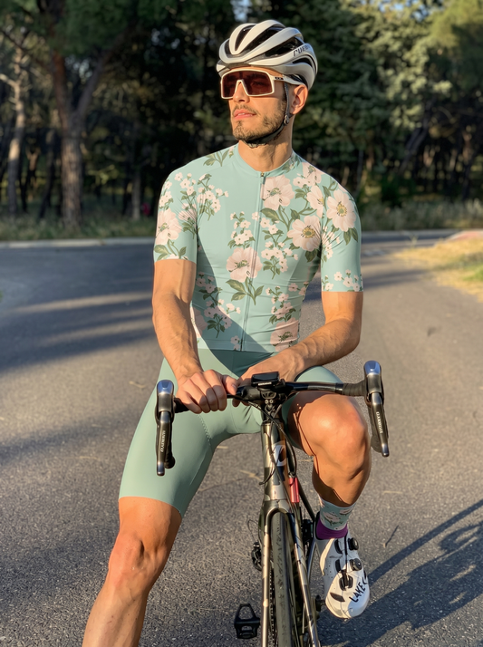ROCKBROS Men's Vintage Mint Green Floral Print Short Sleeve Cycling Jersey