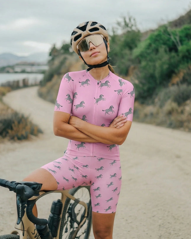 ROCKBROS Women's Pink Prancing Zebra Print Cycling Jersey