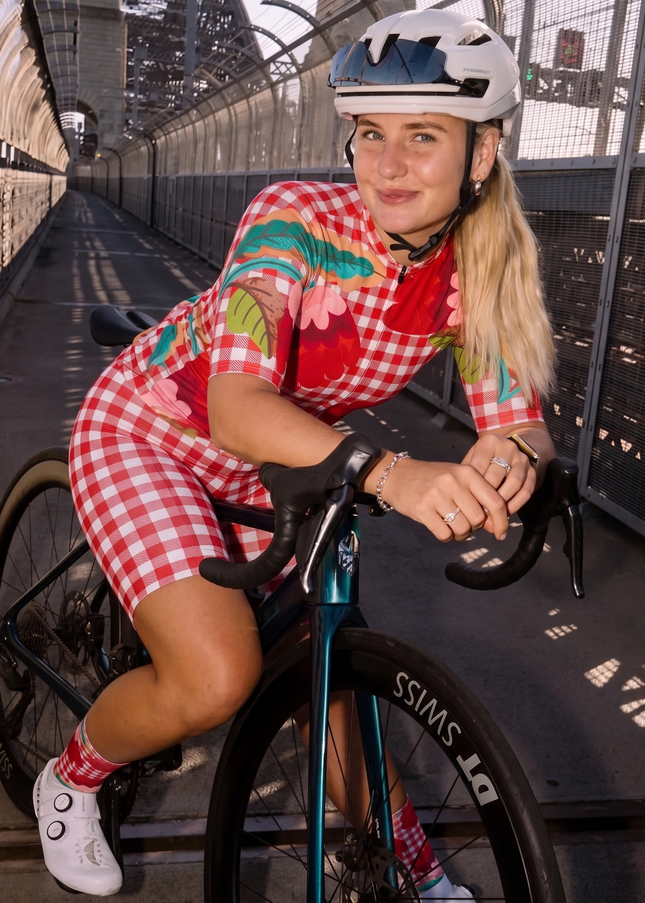 ROCKBROS Women's Red Gingham Floral Cycling Jersey
