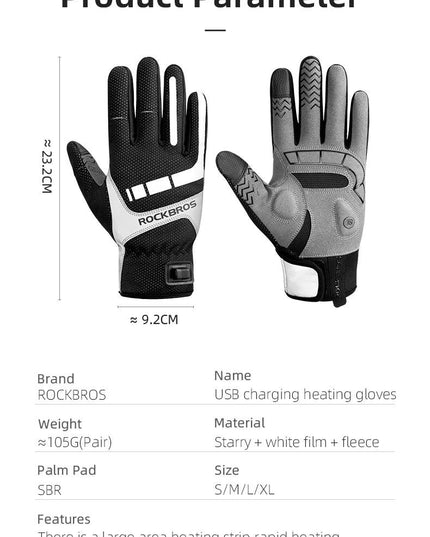ROCKBROS Warm Bicycle Women Men's Gloves Winter SBR Touch Screen USB Heated Gloves Windproof Plam Breathable Motor E-bike Gloves