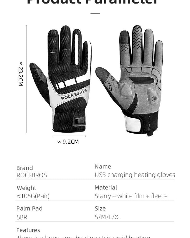 ROCKBROS Warm Bicycle Women Men's Gloves Winter SBR Touch Screen USB Heated Gloves Windproof Plam Breathable Motor E-bike Gloves