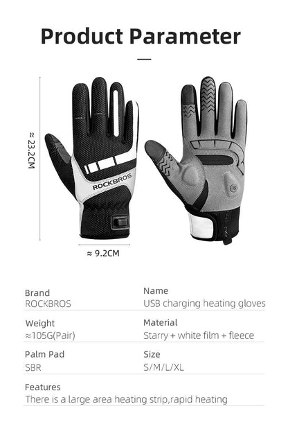 ROCKBROS Warm Bicycle Women Men's Gloves Winter SBR Touch Screen USB Heated Gloves Windproof Plam Breathable Motor E-bike Gloves