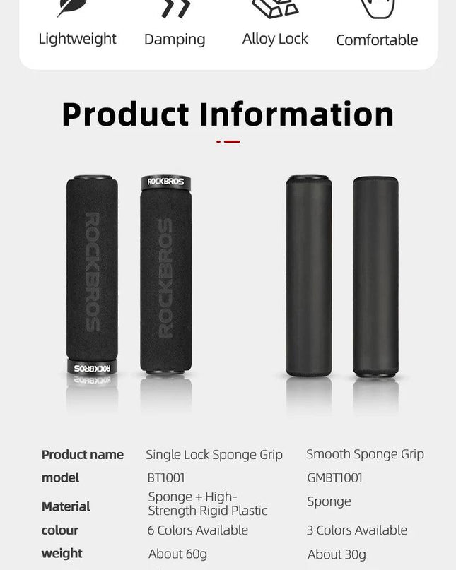 ROCKBROS Bicycle Grips MTB Silicone Sponge Handlebar Grips Anti-skid Shock-absorbing Soft Bike Grips Ultraight Cycling Handlebar