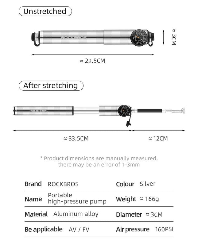 ROCKBROS Bike Pump High Pressure Aluminium Alloy CNC Dustproof Barometer AV/FV Ultralight Portable Inflater Bicycle Accessories