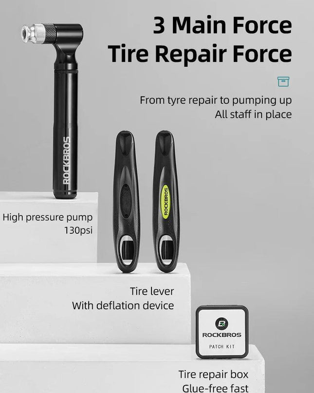 ROCKBROS Bicycle Tools 130Psi AV/FV Aluminum Alloy Pump Multi Tool Soft Rubber Tire Patch Tire Lever Multitool Bike Accessories