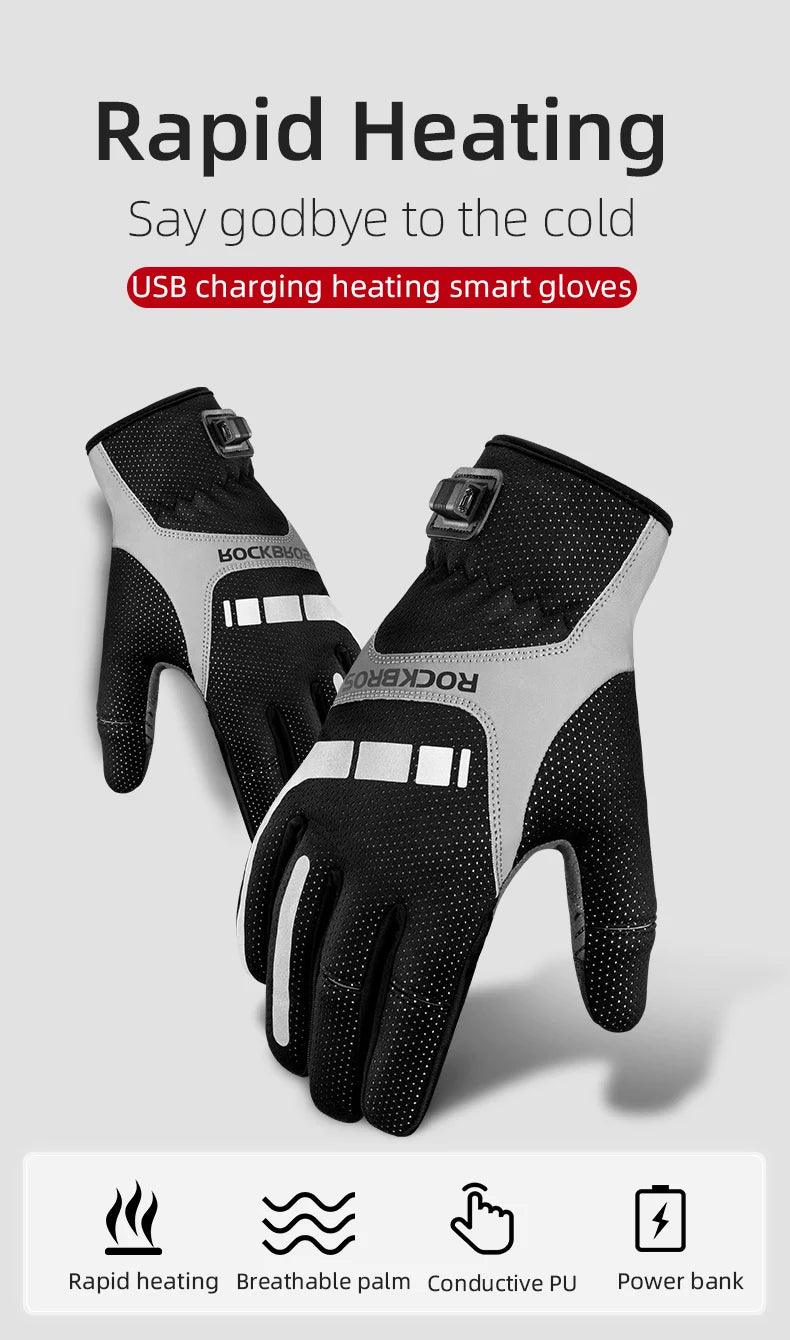 ROCKBROS Warm Bicycle Women Men's Gloves Winter SBR Touch Screen USB Heated Gloves Windproof Plam Breathable Motor E-bike Gloves