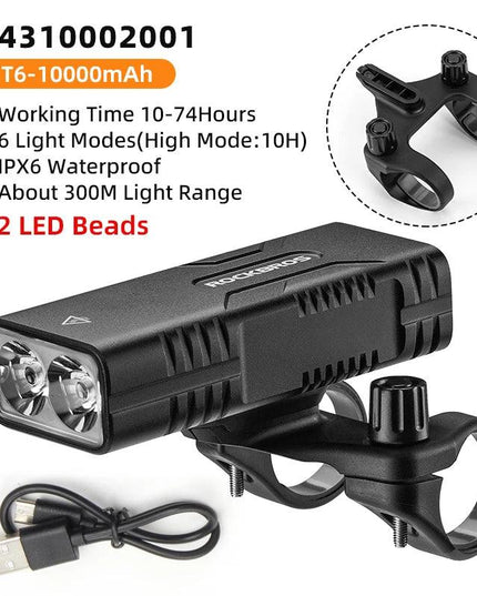 ROCKBROS 2T6 LED Bicycle Light 10W 10000 mAh Bike Front Lamp Flashlight Cycling Equipment MTB Headlight Super Bright Flashlight