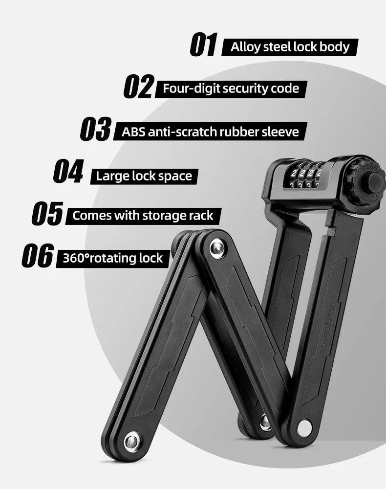 ROCKBROS Bike Lock Zinc Alloy Four-Digit Security Anti-Theft Lock Foldable Password 85CM Lock Door MotorBike Accessories