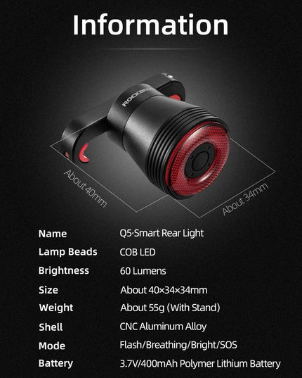 ROCKBROS Bicycle Smart Auto Brake Sensing Light IPx6 Waterproof LED Charging Cycling Taillight Bike Rear Light Accessories Q5