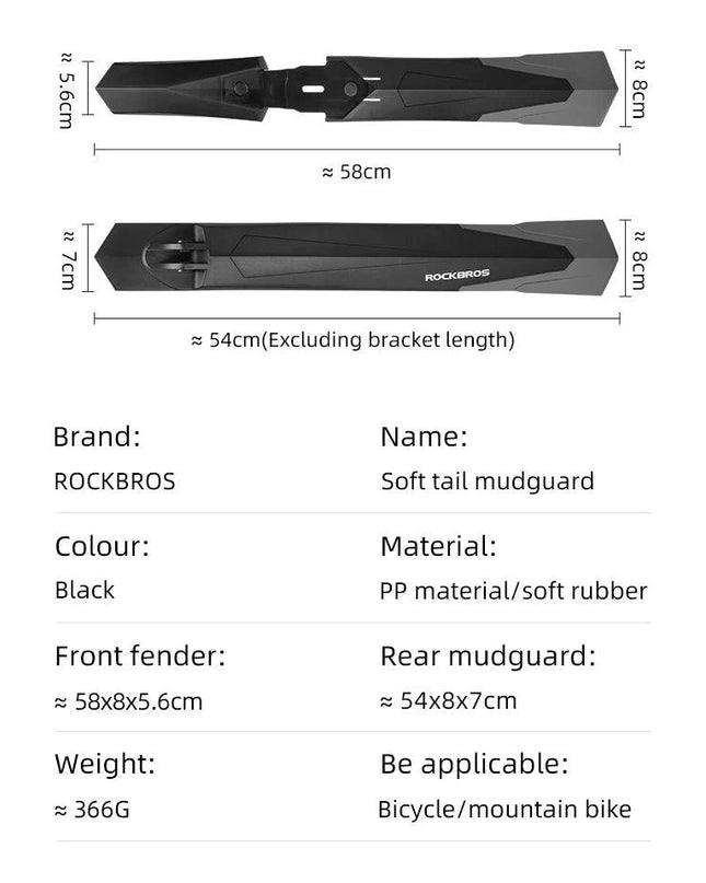 ROCKBROS Fender Mtb Rubber Tail Soft MTB Bike MTB Bike Widen Front Rear Mudguard Adjust Any Angle Fender Bike Accessories