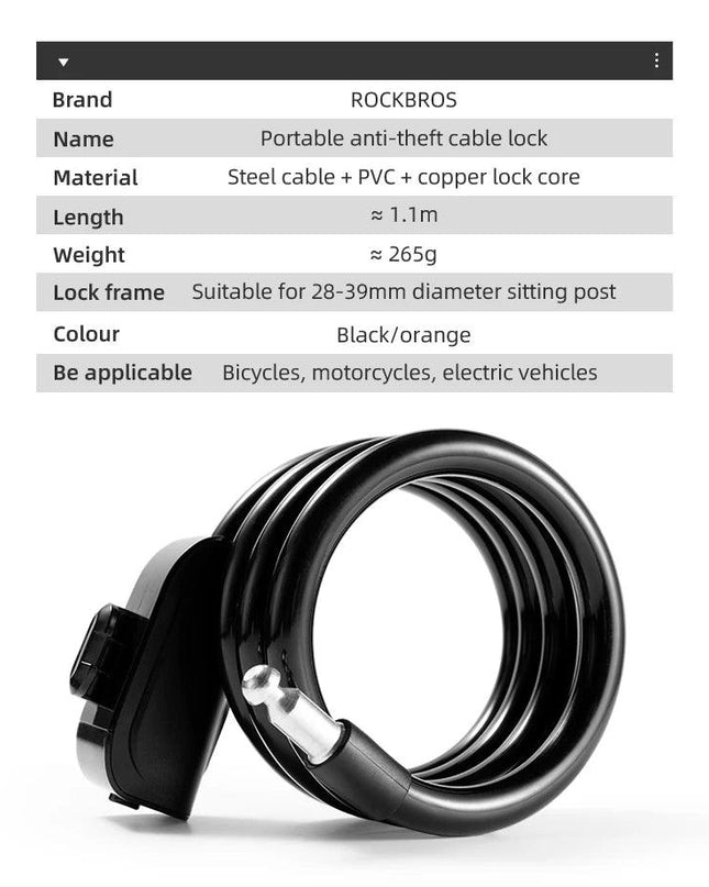 ROCKBROS Bicycle Lock Bike Portable Anti-theft Ring Lock MTB Road Cycling Cable Lock Motorcycle Vehicle Bicycle Accessories