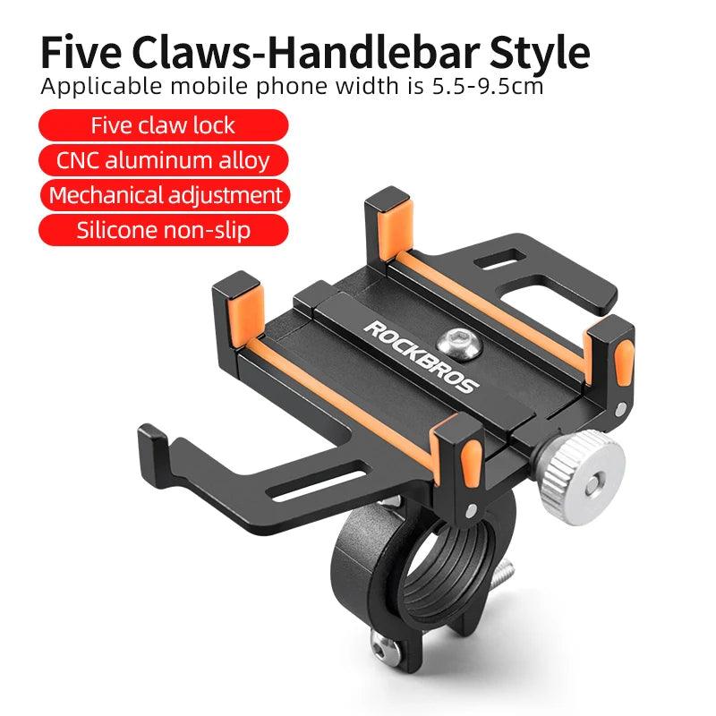 ROCKBROS Phone Holder Motorcycle Electric Bicycle Smartphone CNC Aluminum Alloy Bracket Five Claws Mechanical Bike Phone Holder