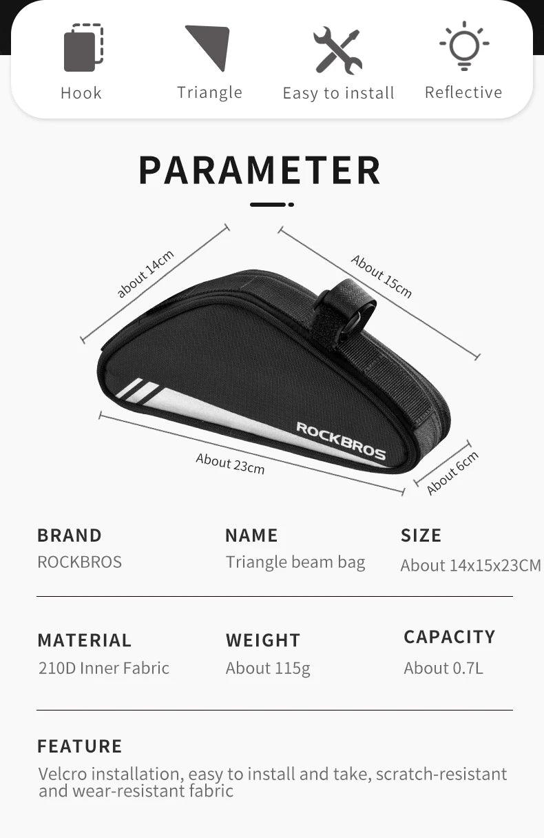 ROCKBROS Triangle Beam Bag Bicycle Top Tube Bag Bike Saddle Bag MTB Road Bike Phone Bag 0.7L High Reflective Bike Accessories