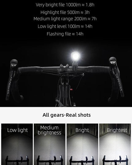 ROCKBROS 1000Lumen Bike Light Smart Vibration Sensing Bike Lamp 5Modes Bicycle Headlight LED Flashlight Lantern Bike Accessories