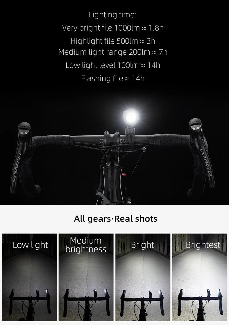 ROCKBROS 1000Lumen Bike Light Smart Vibration Sensing Bike Lamp 5Modes Bicycle Headlight LED Flashlight Lantern Bike Accessories