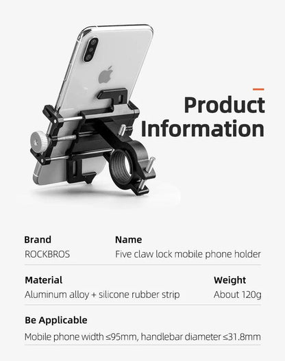 ROCKBROS Phone Holder Motorcycle Electric Bicycle Smartphone CNC Aluminum Alloy Bracket Five Claws Mechanical Bike Phone Holder