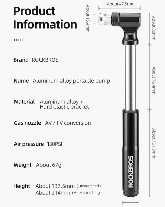 ROCKBROS Mini 130PSI Bicycle Pump Aluminum Alloy Wear-resistant Portable Drop-proof Bike Inflator For AV FV Ultralight Air Pump