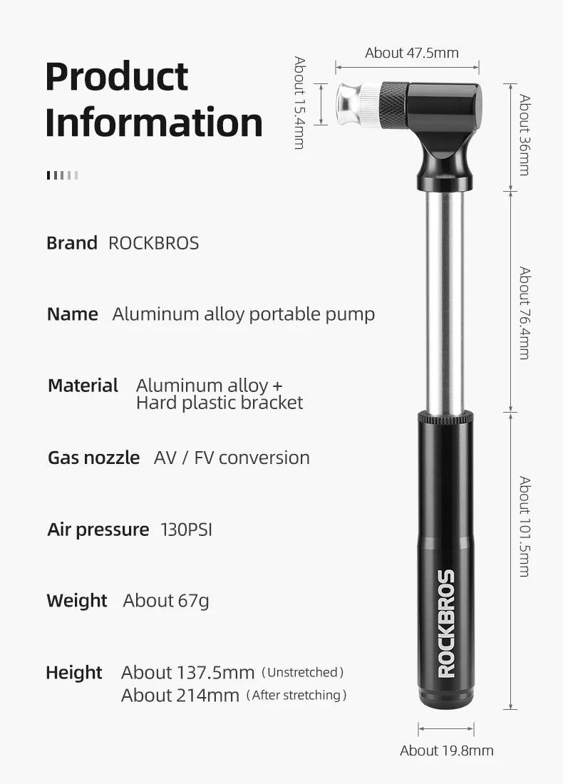 ROCKBROS Mini 130PSI Bicycle Pump Aluminum Alloy Wear-resistant Portable Drop-proof Bike Inflator For AV FV Ultralight Air Pump