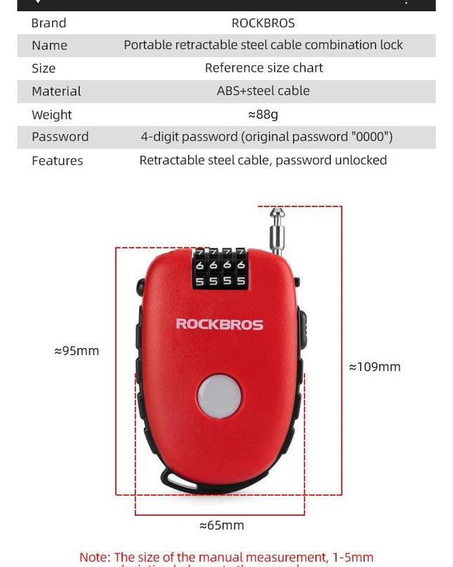 ROCKBROS Telescopic Bicycle Lock Anti-theft bike Lock Cable Helmet Lock Chain Backpack Cycling Password Lock Bike Accessories