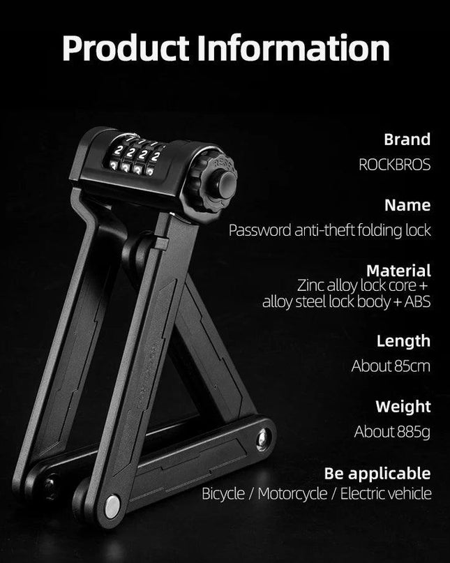 ROCKBROS Bike Lock Zinc Alloy Four-Digit Security Anti-Theft Lock Foldable Password 85CM Lock Door MotorBike Accessories