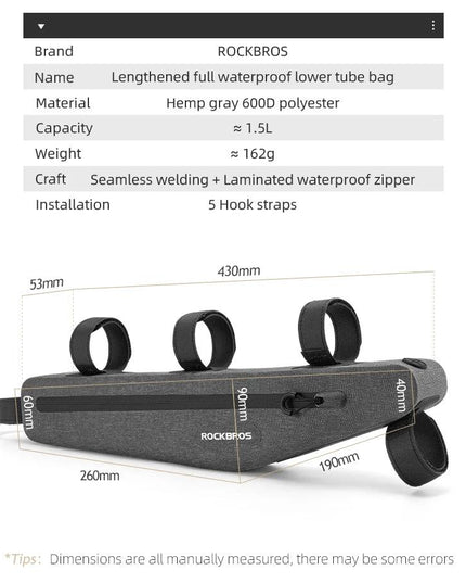 ROCKBROS 1.5L Full Waterproof Bike Bag Front Tube Triangle Lengthed Double Zipper Scratch-resistant Bicycle Bag Bike Accessories