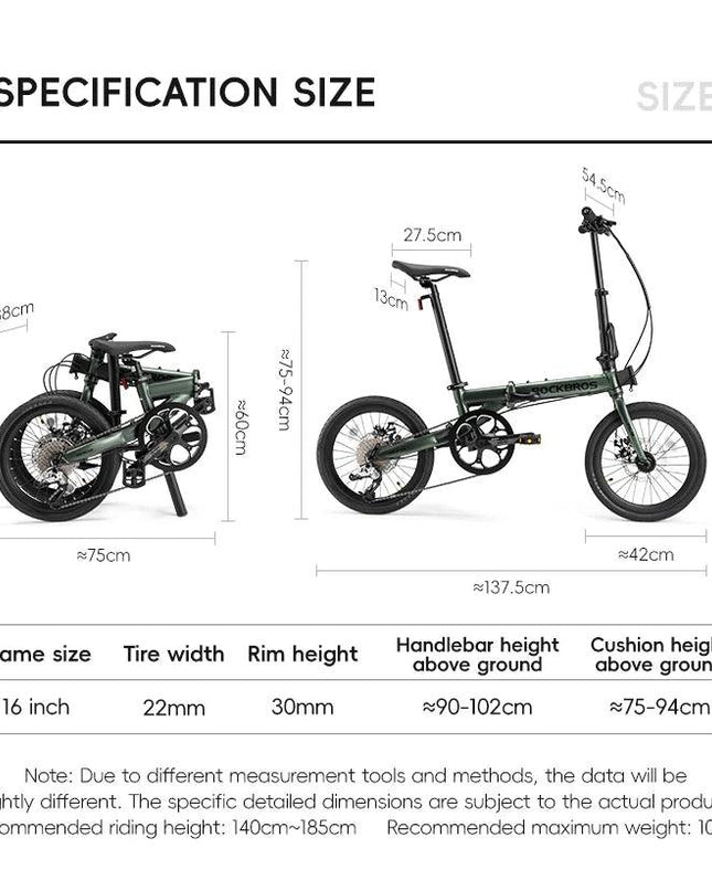 ROCKBROS Bike 16 inch with SRAM X4/X5-speed Aluminium Alloy Frame Adult Folding Bike Adjustable 9-Speed 11-32T Cassette Bike