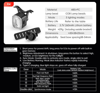 ROCKBROS BicycleTaillight Smart Brake Sensing Day/Night Sensing Waterproof Type-C Cycling Taillight Bike Accessories R Series