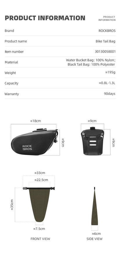 ROCKBROS Cycling Tail Bag Detachable Seat Pack Bag Large Capacity Waterproof Portable Riding Adjustable Bike Bag 0.8L-1.3L