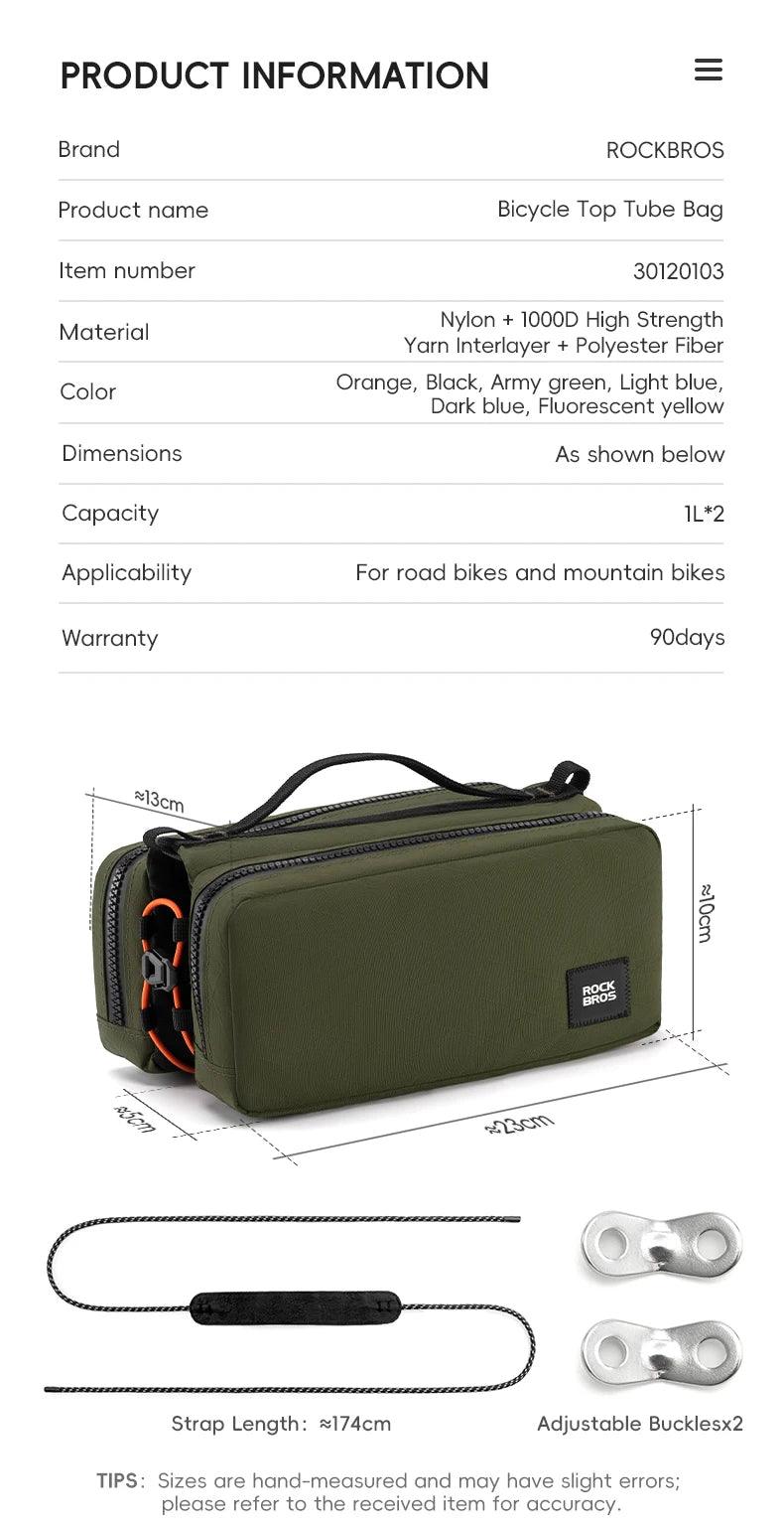 ROCKBROS Bicycle Top Tube Bag 2L Capacity Scratch-Resistant Road Mountain Bike Frame Bag Cycling Tools Bag Stable Elastic Band