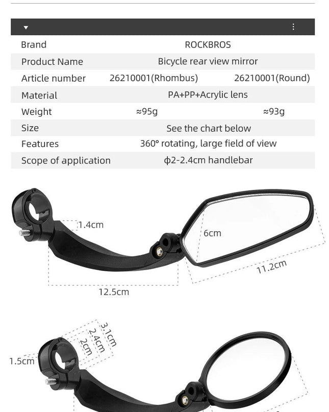 ROCKBROS Bicycle Mirror Handlebar Rear View Mirror Adjustable  Wide Range Back Sight Reflector Cycling Mirrors Bike Accessories